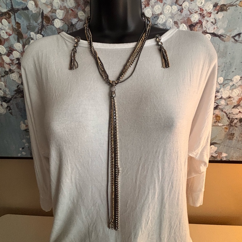 WHBM Silver and Black Tassel Necklace and Earrings Set